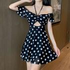 Cap-sleeve Dotted Cutout Drawstring Mini A-line Dress