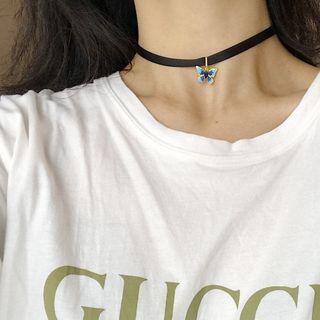 925 Sterling Silver Butterfly Pendant Choker L193 - Gold - One Size
