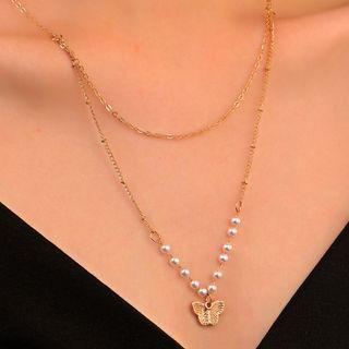 Butterfly Pendant Faux Pearl Layered Alloy Necklace
