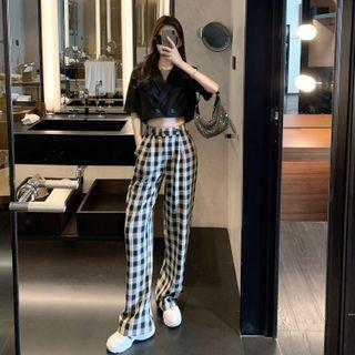 Elbow-sleeve Cropped Blazer / Plaid Wide-leg Pants