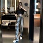 Elbow-sleeve Cropped Blazer / Plaid Wide-leg Pants