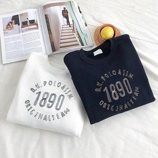 Lettering Embroidered Crewneck Fleece Long-sleeve Sweatshirt