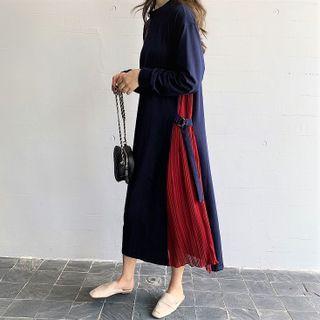 Two-tone Pleated Panel Midi A-line Dress (various Designs)
