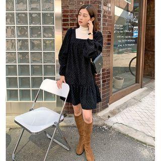 Square-neck Dotted Corduroy Dress Black - One Size