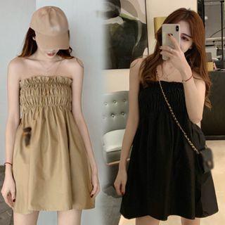 Strapless Ruched Frilled Trim Mini Dress