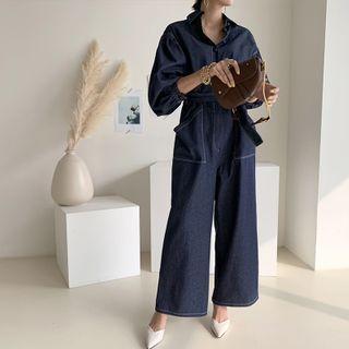 Denim Shirtwaist Jumpsuit With Sash Dark Blue - One Size