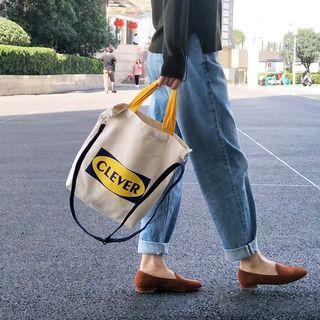 Lettering Canvas Tote Bag Clever - Yellow & Blue - One Size