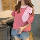 Short-sleeve Off-shoulder Two-tone Blouse Cherry Pink - One Size