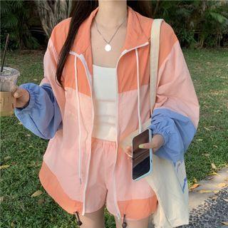 Set: Color Block Zip-up Hooded Jacket + Shorts