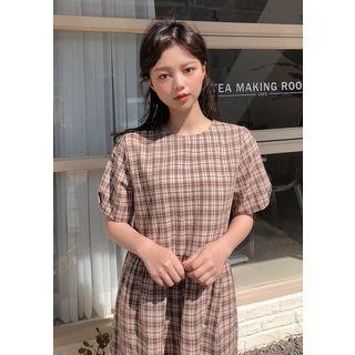 Puff-sleeve Midi Plaid Dress