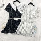 Pointy-collar Dotted Chiffon Dress With Belt & Pouch