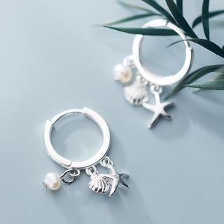 925 Sterling Silver Shell & Starfish Faux Pearl Fringed Earring S925 Sterling Silver - 1 Pair - Silver - One Size