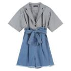 Mock Two-piece Short-sleeve Denim Romper Gray - One Size