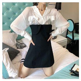 Plain Shirt / Sequined Spaghetti Strap Dress