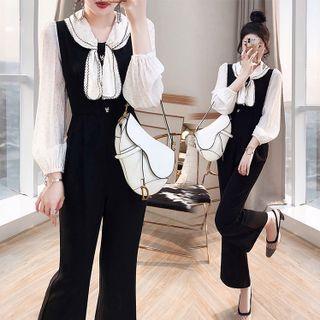 Set: Long-sleeve Bow Blouse + Sleeveless Jumpsuit