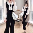 Set: Long-sleeve Bow Blouse + Sleeveless Jumpsuit