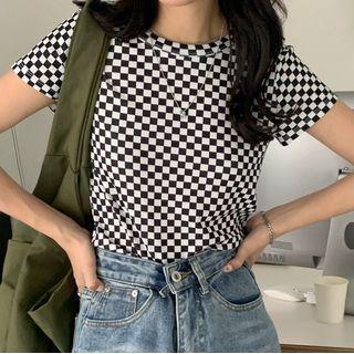 Short-sleeve Plaid T-shirt Check - Black - One Size