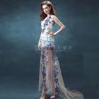 Embroidered Sleeveless Trained Sheath Evening Gown