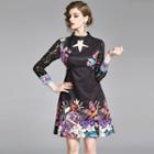 Lace Panel Flower Print Long-sleeve Mini A-line Dress