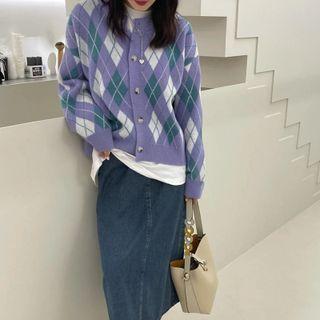 Argyle Cardigan / Midi Denim Skirt / Long-sleeve T-shirt / Set