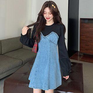 Mock Two-piece Denim Sheath Dress As Shown In Figure - One Size