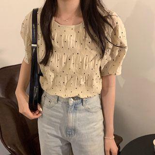 Dotted Short-sleeve Ruched Blouse