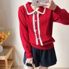 Long-sleeve Collared Lace Trim Knit Top