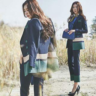 Set: Color Block Double-breasted Blazer + Straight-cut Pants
