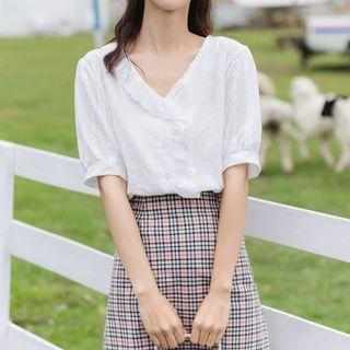 Short-sleeve Lace Trim V-neck Blouse White - One Size