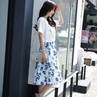 Set : Rabbit Short-sleeve Top + Printed Strappy Dress