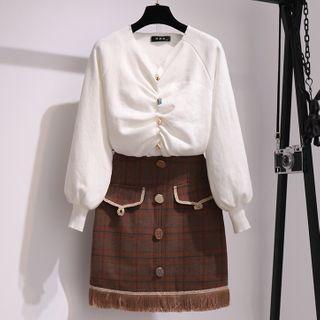 Set: Lantern-sleeve Knit Top + Mini Plaid A-line Skirt