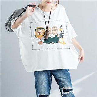 3/4-sleeve Printed T-shirt As Shown In Figure - One Size