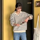 Plus Size Collared Stripe Sweatshirt