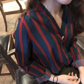 Striped V-neck Long-sleeve Loose-fit Blouse
