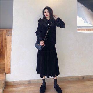 Ruffle Velvet Shirt / A-line Midi Velvet Skirt