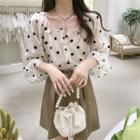 Long Sleeve Scoop Neck Dot Blouse / Plain A-line Shorts