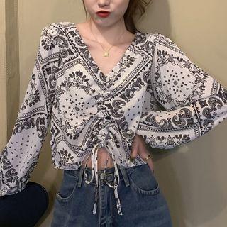 Long-sleeve V-neck Paisley Print Drawstring Blouse