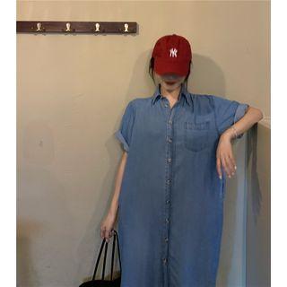 Denim Short-sleeve Midi Shirtdress Blue - One Size