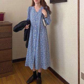 Long Sleeve V-neck Floral Print Chiffon Midi Dress
