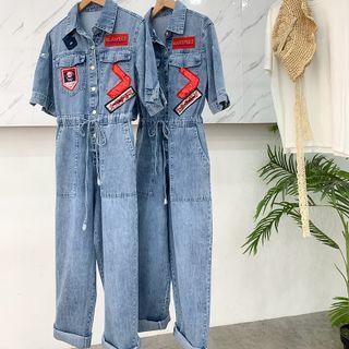 Lapel Print Short-sleeve Denim Jumpsuit