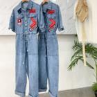 Lapel Print Short-sleeve Denim Jumpsuit