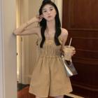 Spaghetti Strap Ruched Wide Leg Jumper Shorts Khaki - One Size