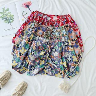 Floral Print Drawstring Puff-sleeve Blouse