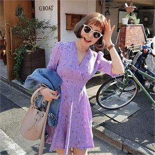 Plunge-neck Tie-waist Floral Mini Dress