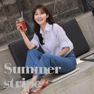 Tab-sleeve Pocket-front Striped Blouse
