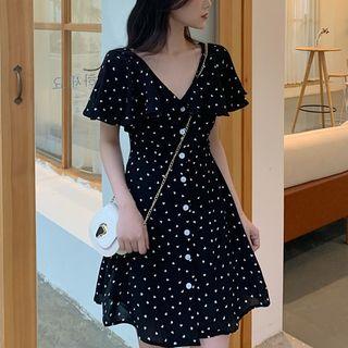 Dotted V-neck Ruffle-trim Chiffon Dress