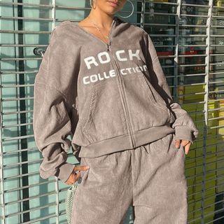Lettering Zip Up Long Sleeve Loose Fit Hoodie