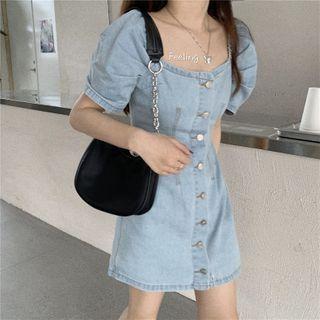 Puff-sleeve Button Denim Mini A-line Dress