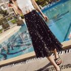 Printed Midi A-line Skirt Stars - Black - One Size