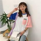 Elbow-sleeve Colored Panel T-shirt